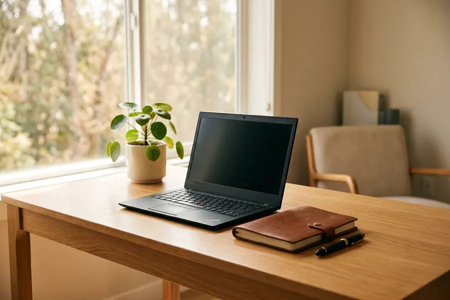 Bureau lumineux d'un professionnel : ordinateur portable, carnet en cuir et plante