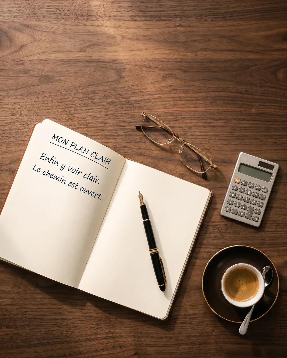 Carnet ouvert « Mon plan clair », lunettes et calculatrice sur un bureau